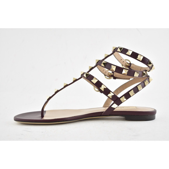 Valentino Rockstud Red Burgundy Leather Triple Strap Gladiator Flat Sandal 35 - Picture 8 of 12